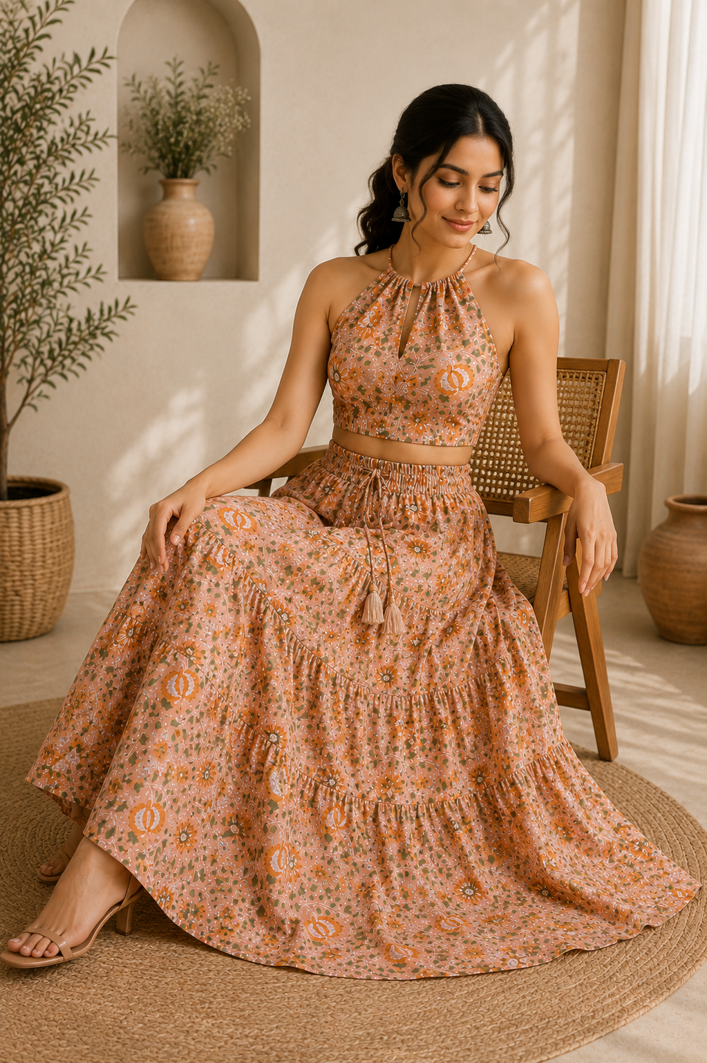 Halter Neck Cotton Co-Ord Set – Desert Rose