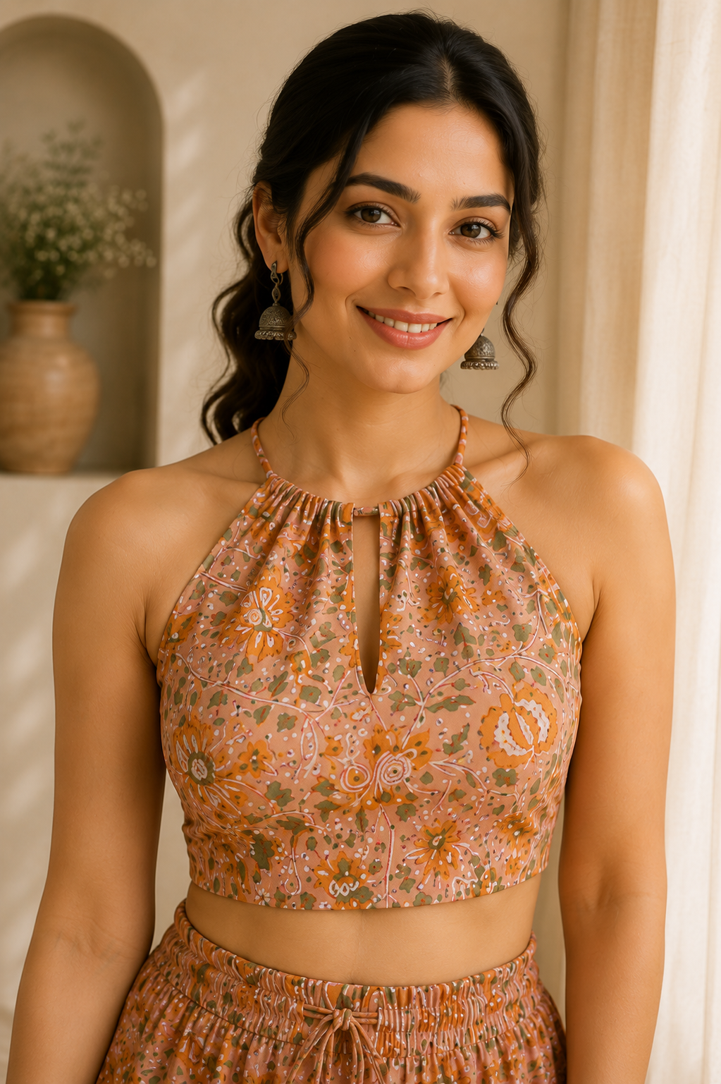 Halter Neck Cotton Co-Ord Set – Desert Rose