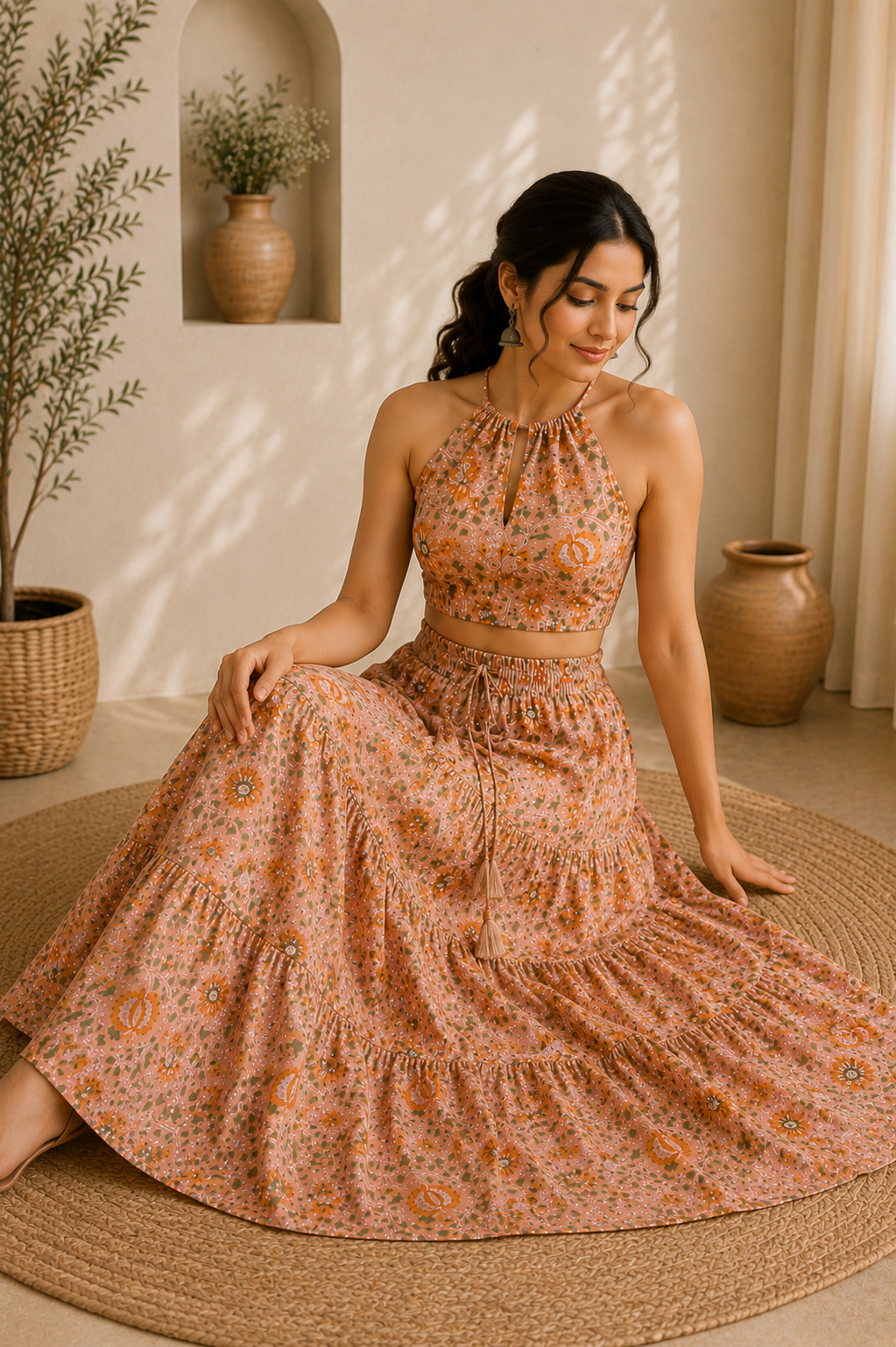 Halter Neck Cotton Co-Ord Set – Desert Rose