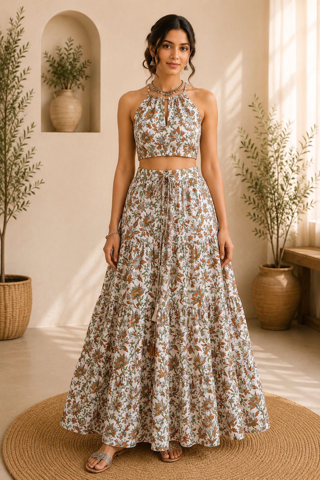 Halter Neck Cotton Co-Ord Set – Rustic Bloom