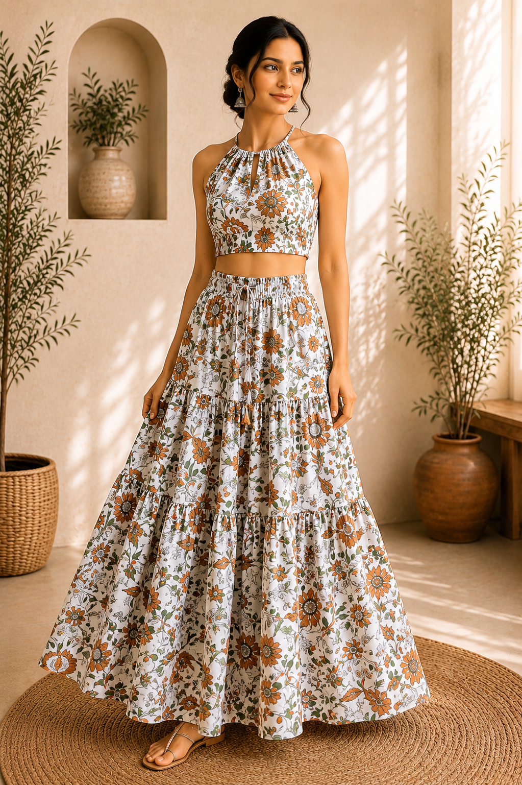 Halter Neck Cotton Co-Ord Set – Rustic Bloom