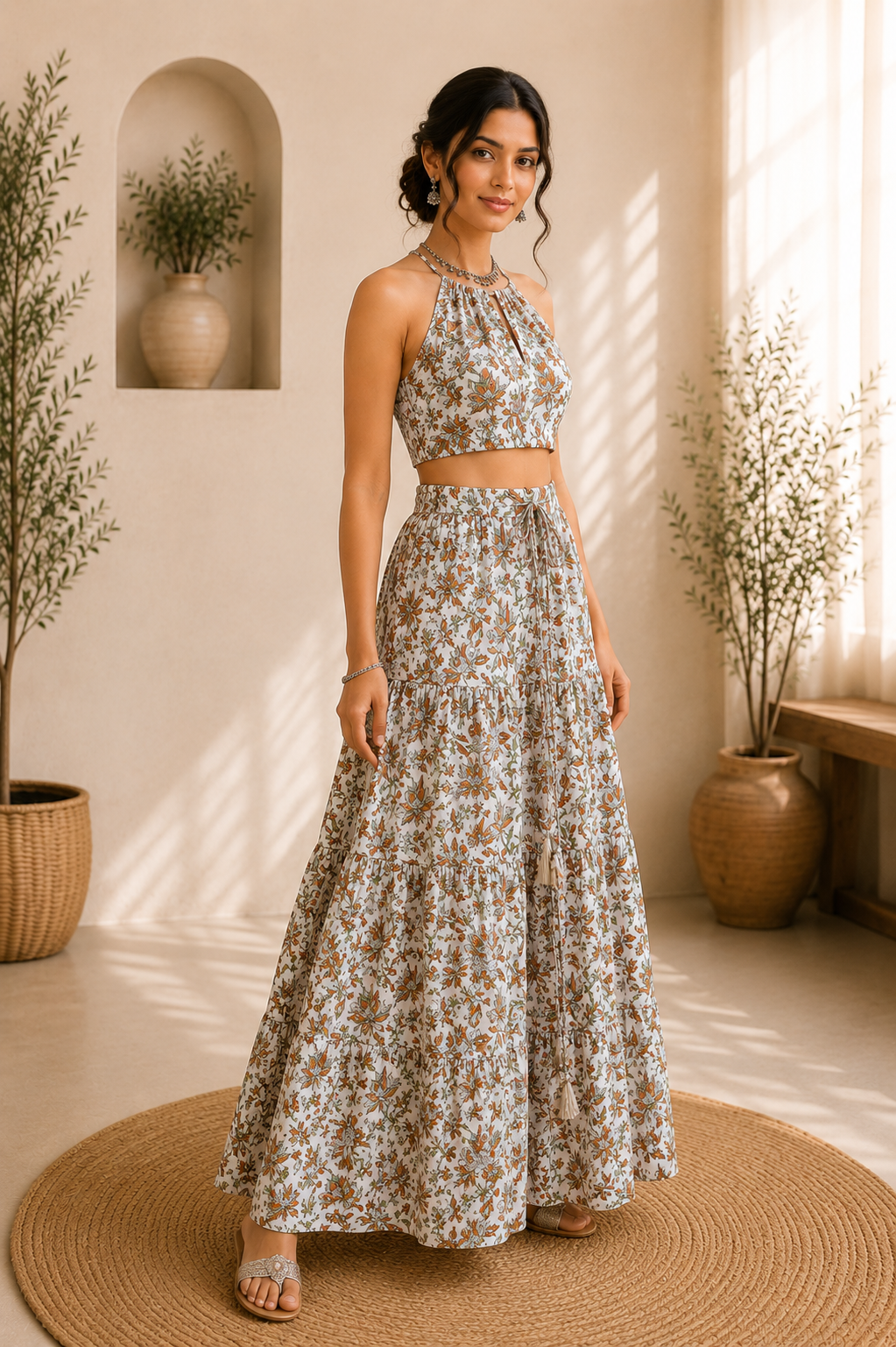 Halter Neck Cotton Co-Ord Set – Rustic Bloom