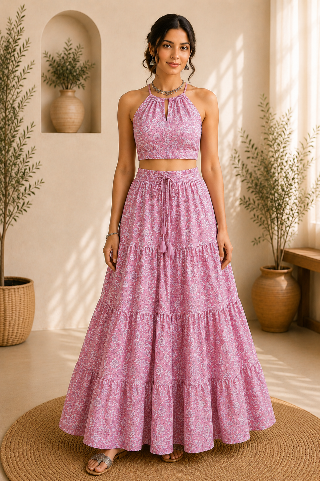 Halter Neck Cotton Co-Ord Set – Rose Petal