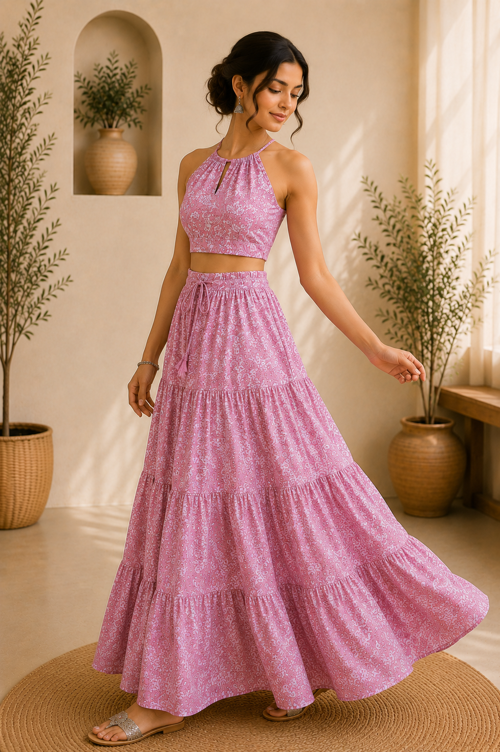 Halter Neck Cotton Co-Ord Set – Rose Petal