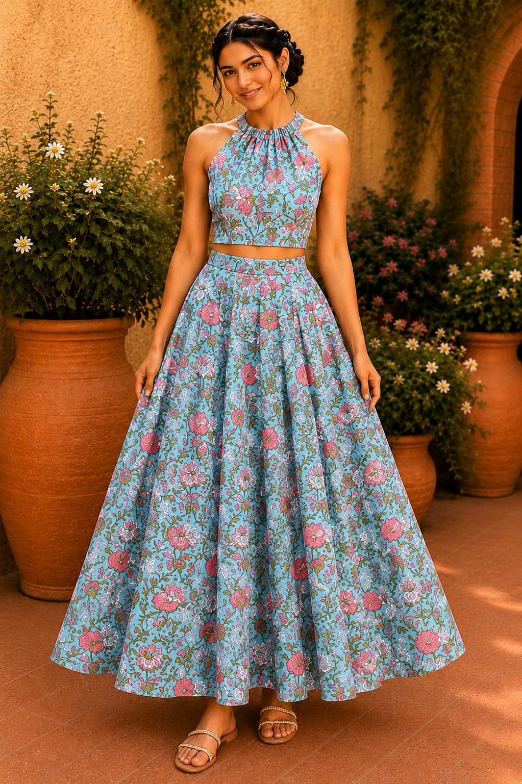 Halter Neck Cotton Co-Ord Set – Sky Blossom