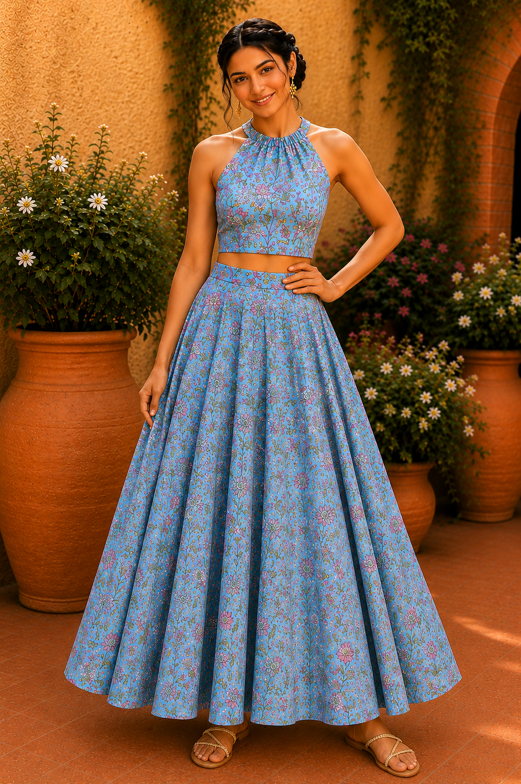 Halter Neck Cotton Co-Ord Set – Sky Blossom