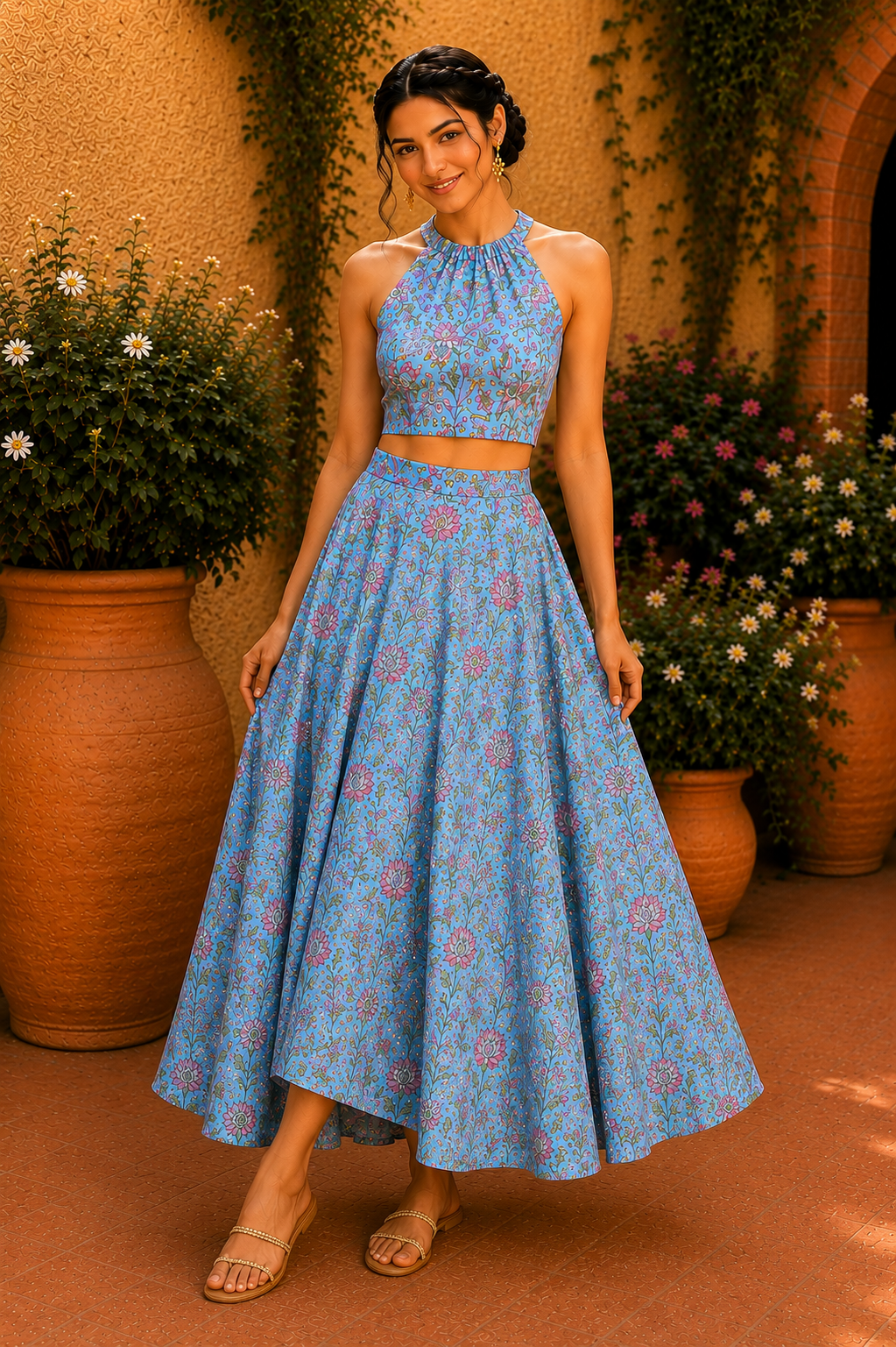 Halter Neck Cotton Co-Ord Set – Sky Blossom