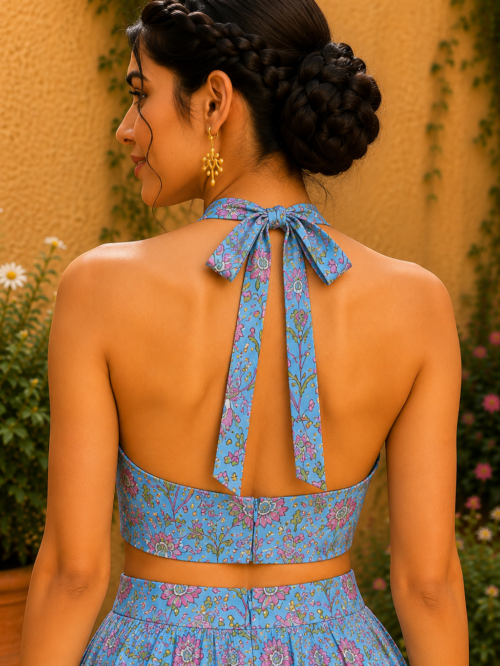 Halter Neck Cotton Co-Ord Set – Sky Blossom