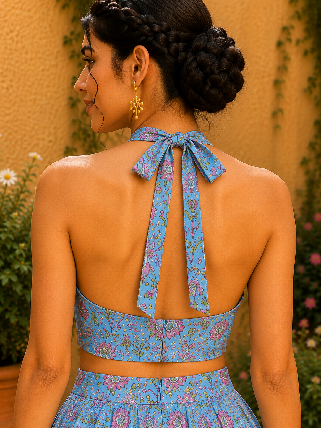 Halter Neck Cotton Co-Ord Set – Sky Blossom