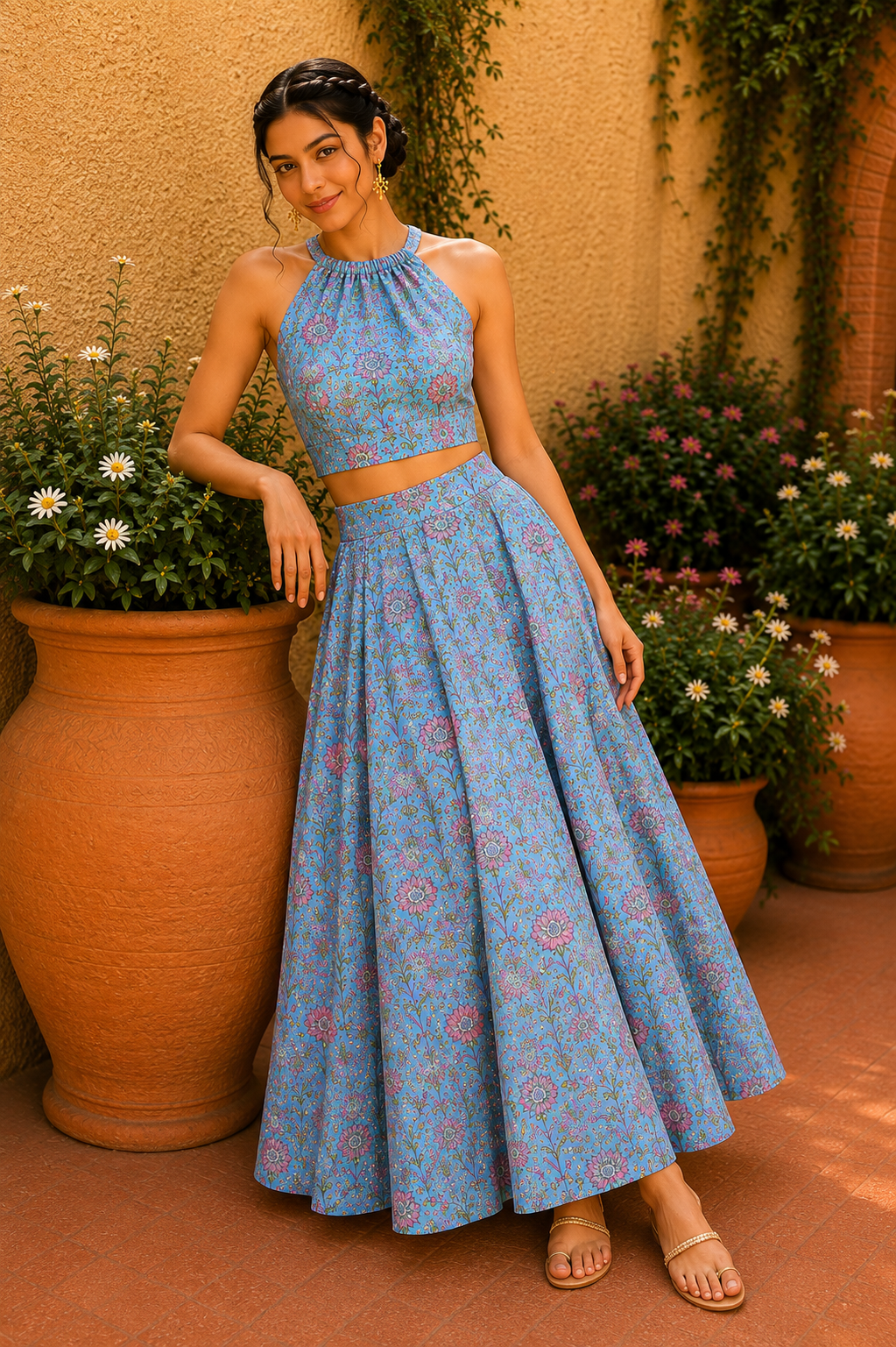 Halter Neck Cotton Co-Ord Set – Sky Blossom