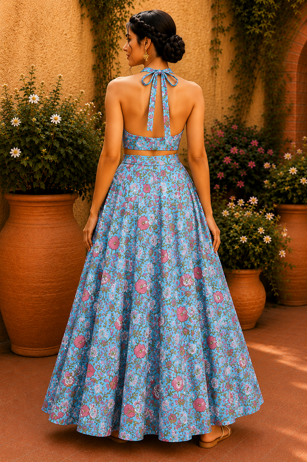 Halter Neck Cotton Co-Ord Set – Sky Blossom
