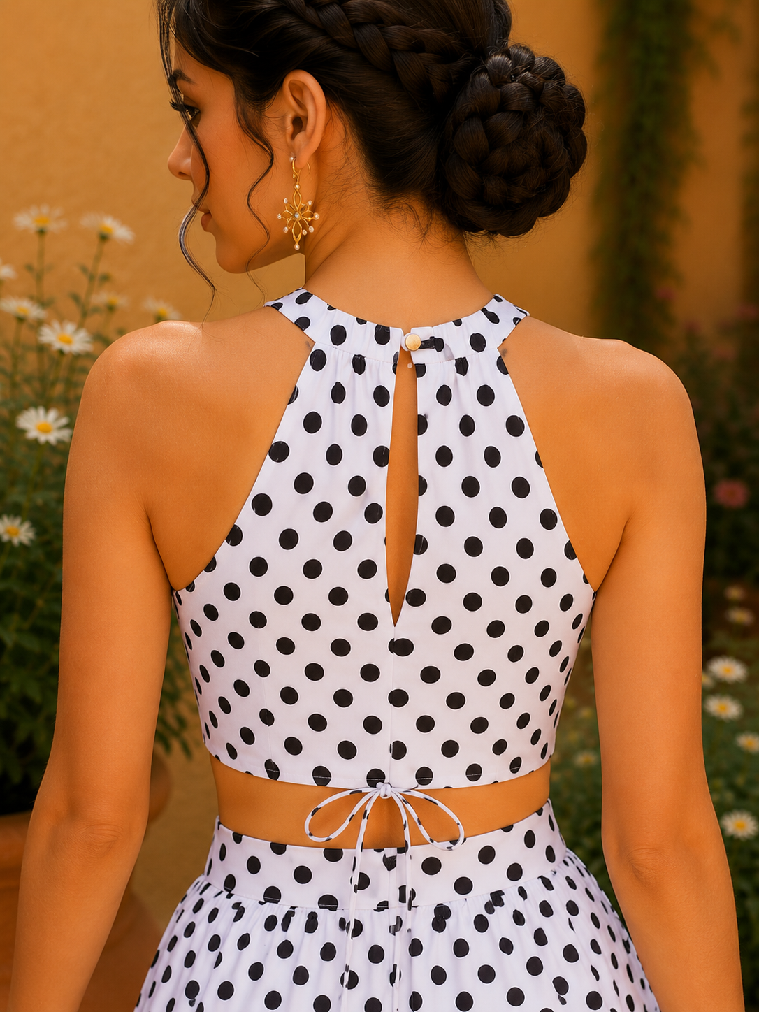 Halter Neck Cotton Co-Ord Set – Midnight Polka