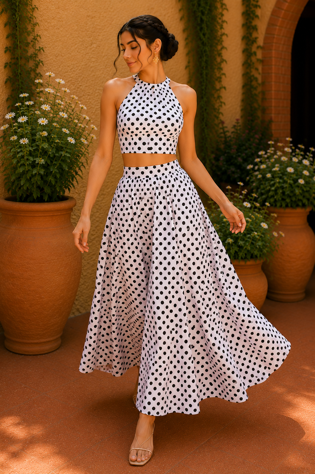 Halter Neck Cotton Co-Ord Set – Midnight Polka