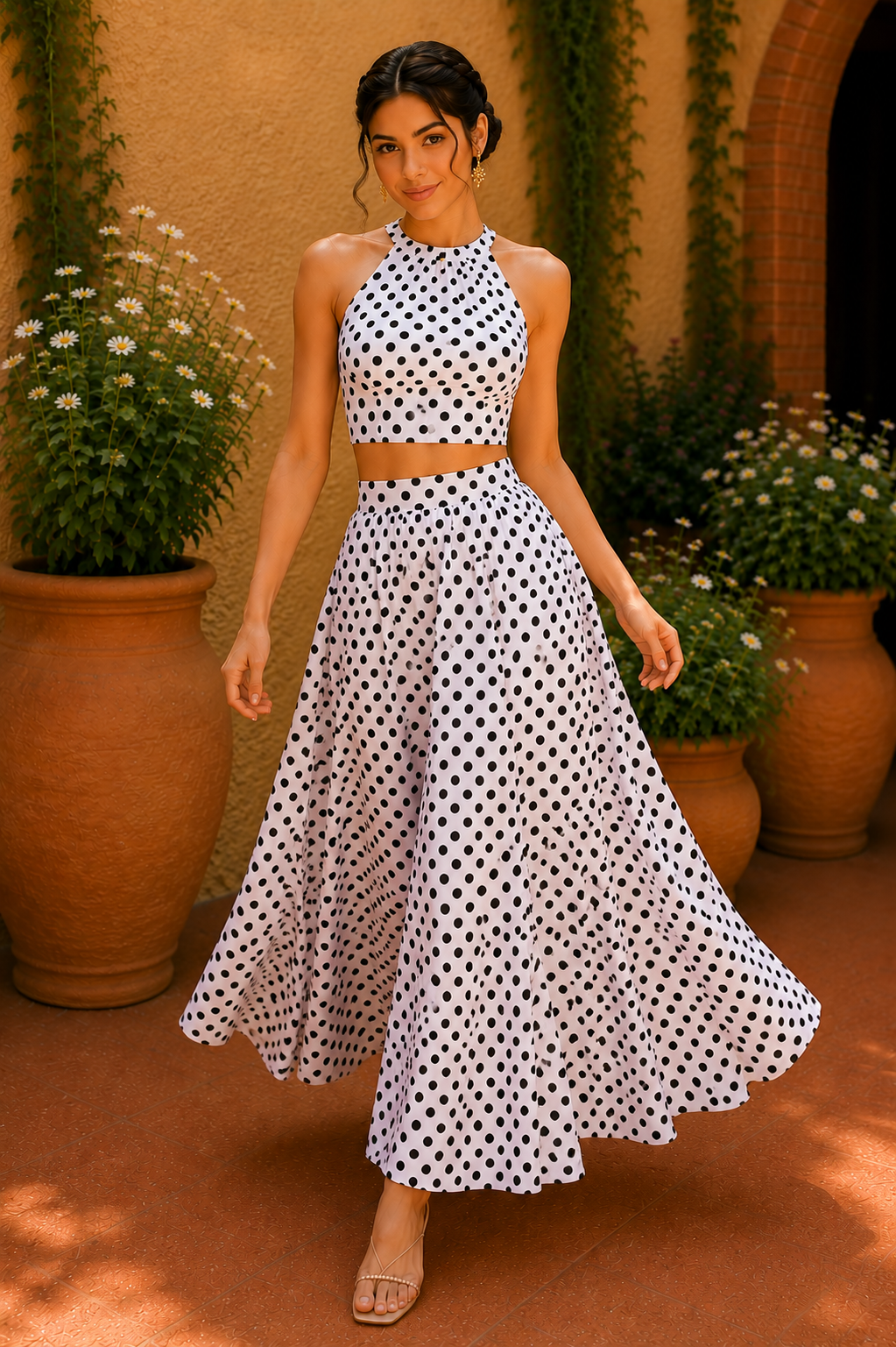 Halter Neck Cotton Co-Ord Set – Midnight Polka