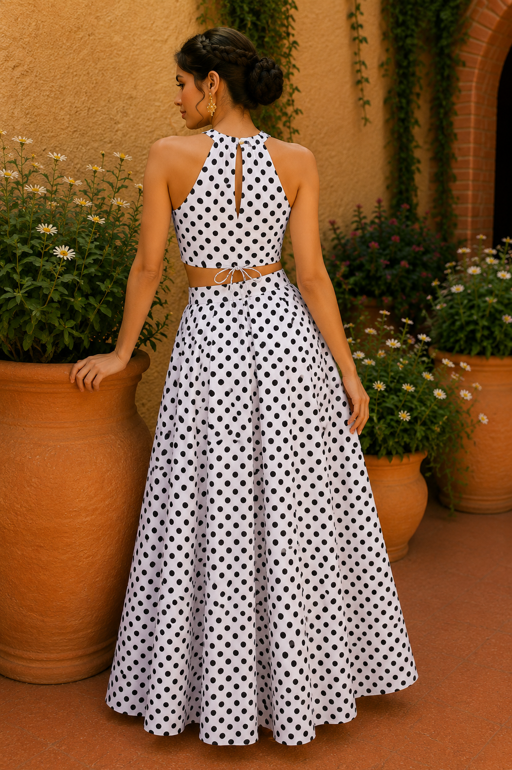 Halter Neck Cotton Co-Ord Set – Midnight Polka