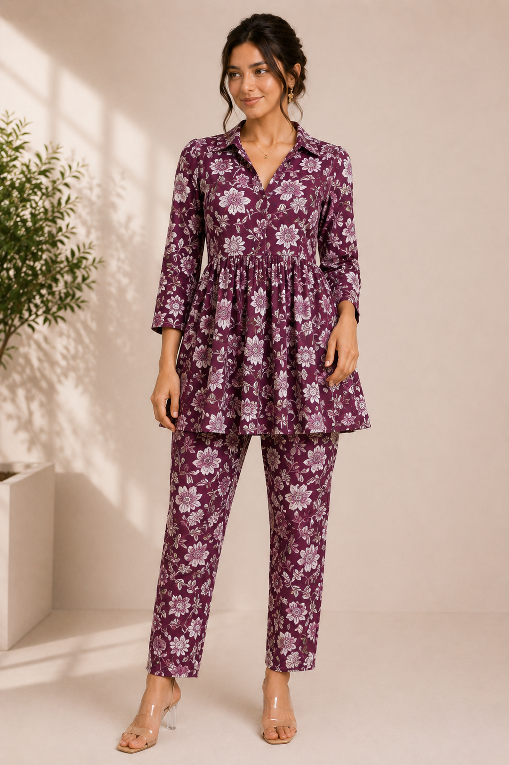 Floral Cotton Co-Ord Set – Plum Blossom