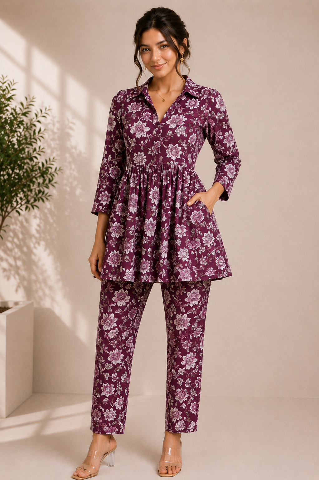 Floral Cotton Co-Ord Set – Plum Blossom