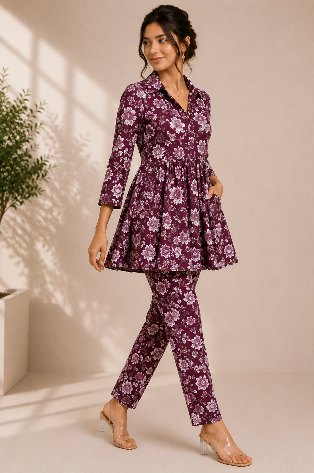 Floral Cotton Co-Ord Set – Plum Blossom