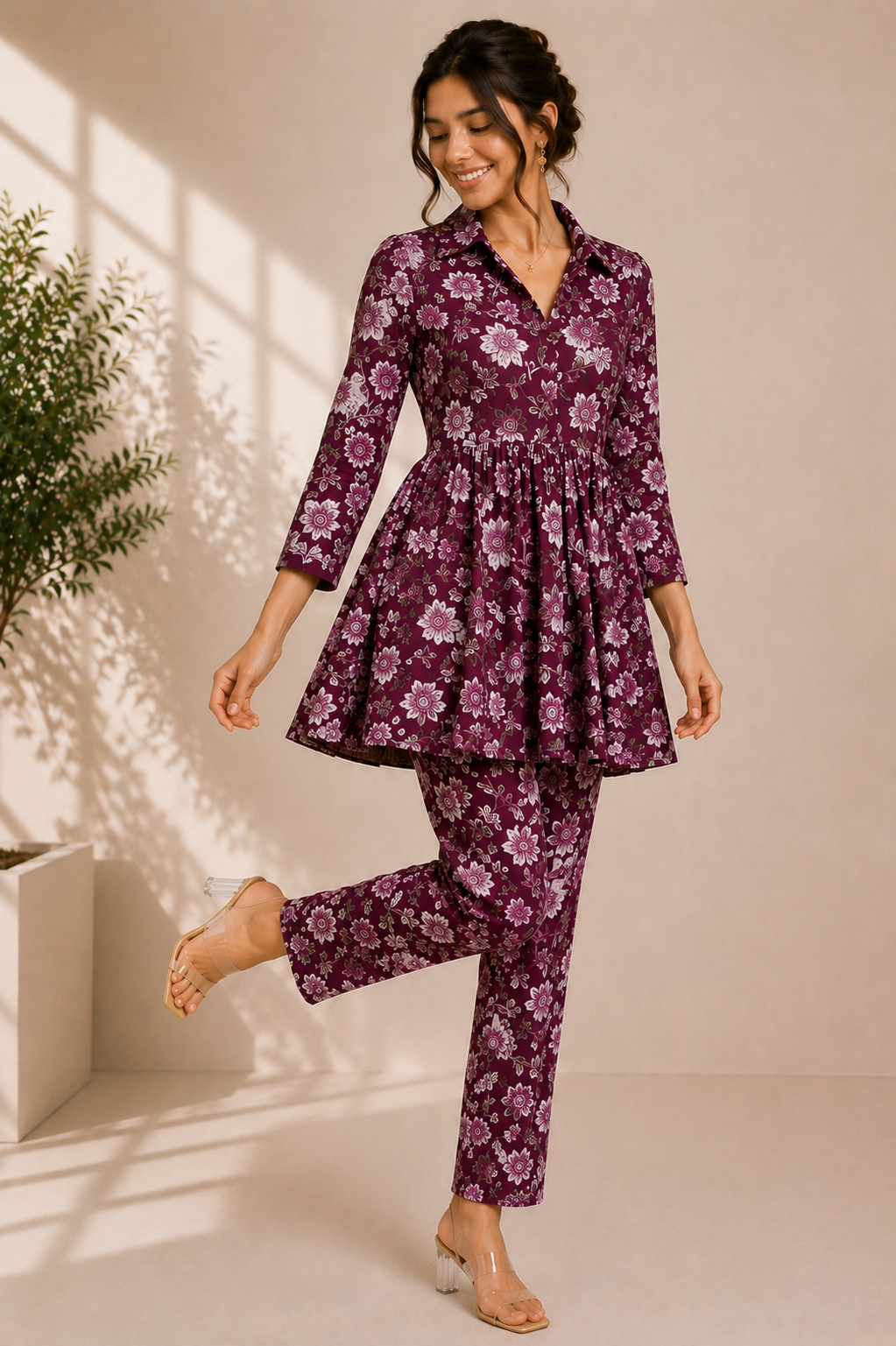 Floral Cotton Co-Ord Set – Plum Blossom