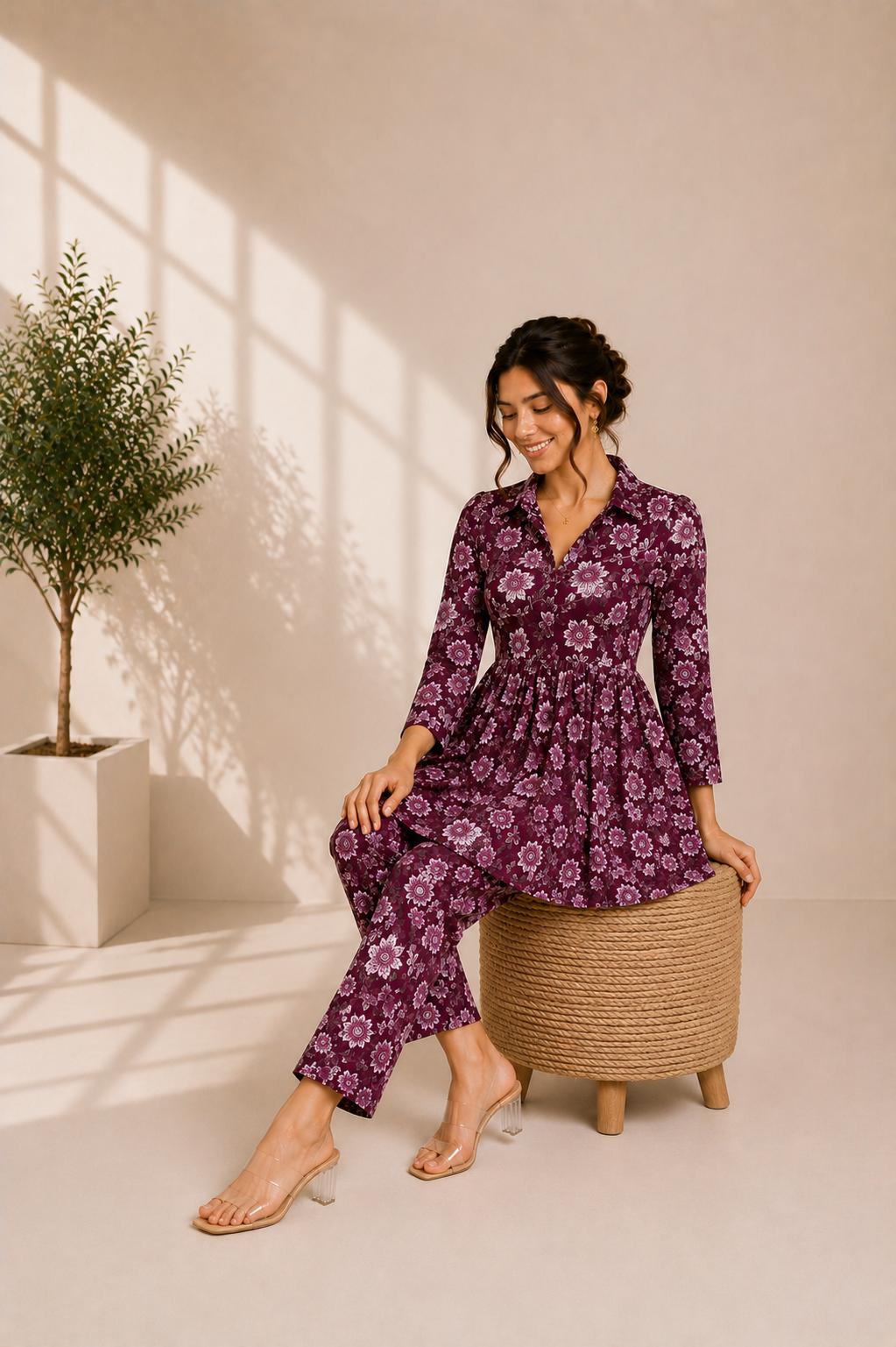 Floral Cotton Co-Ord Set – Plum Blossom