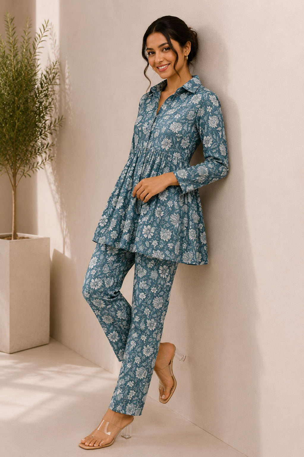 Floral Cotton Co-Ord Set – Ocean Bloom