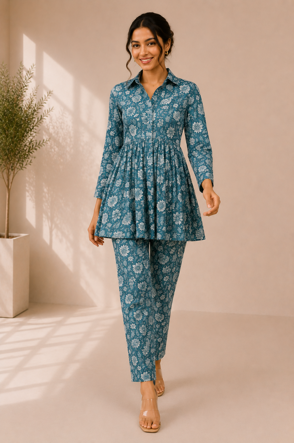 Floral Cotton Co-Ord Set – Ocean Bloom