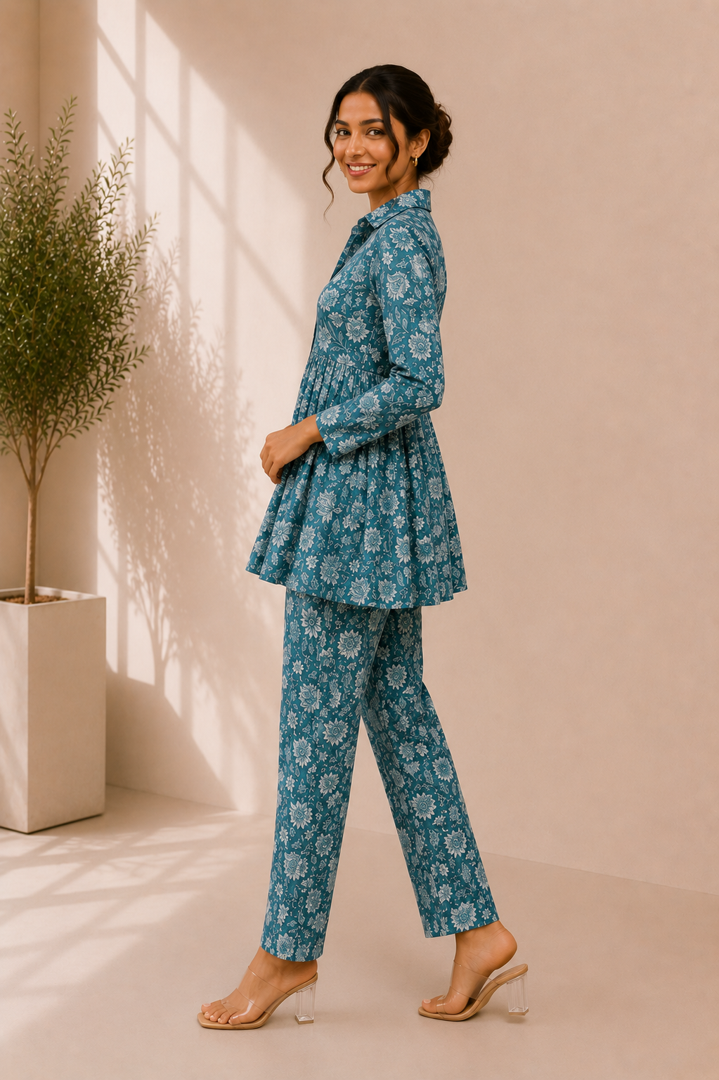 Floral Cotton Co-Ord Set – Ocean Bloom