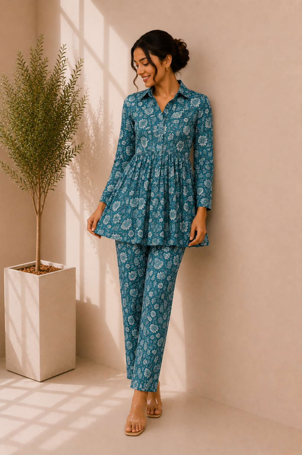 Floral Cotton Co-Ord Set – Ocean Bloom