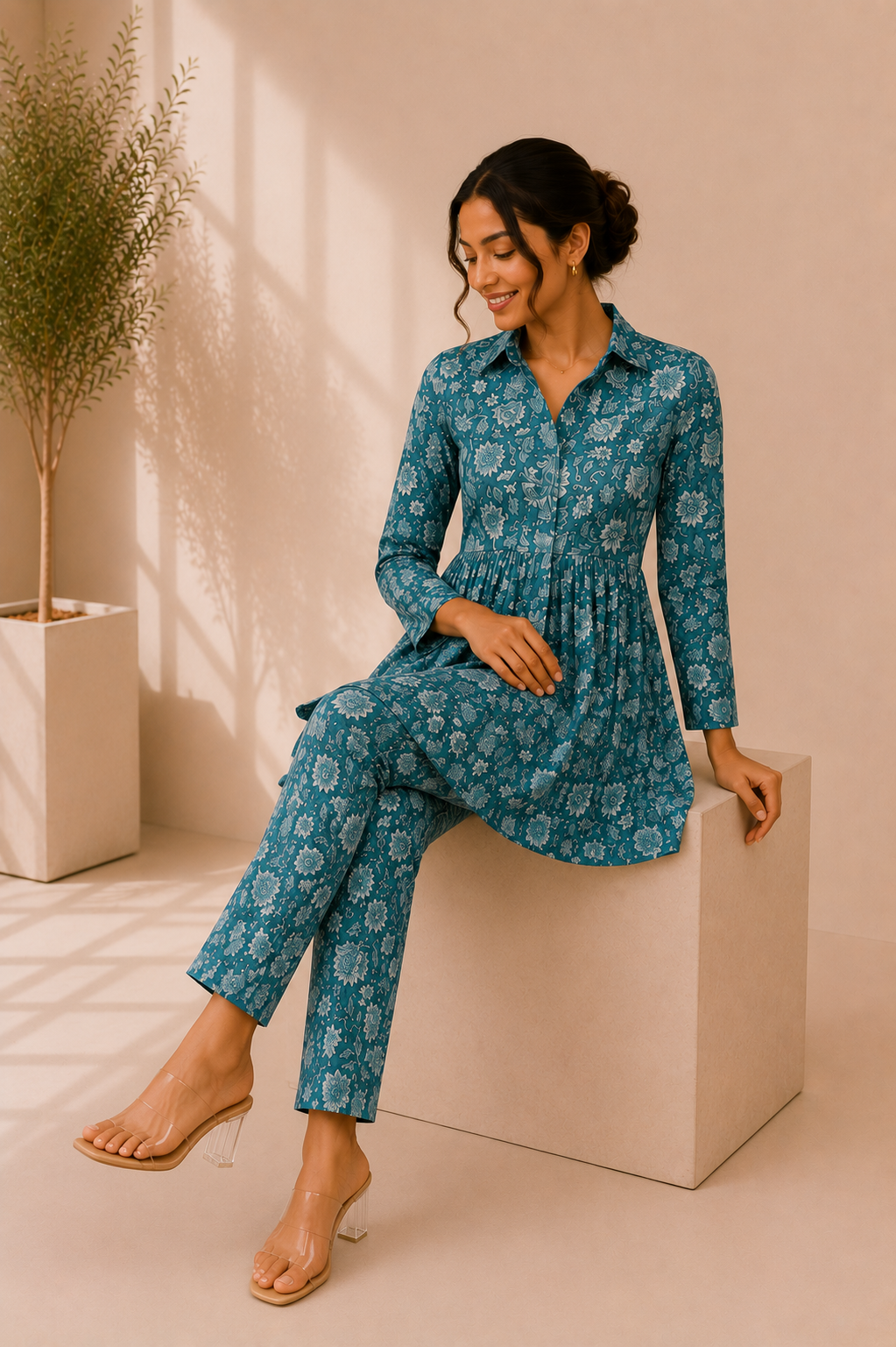 Floral Cotton Co-Ord Set – Ocean Bloom
