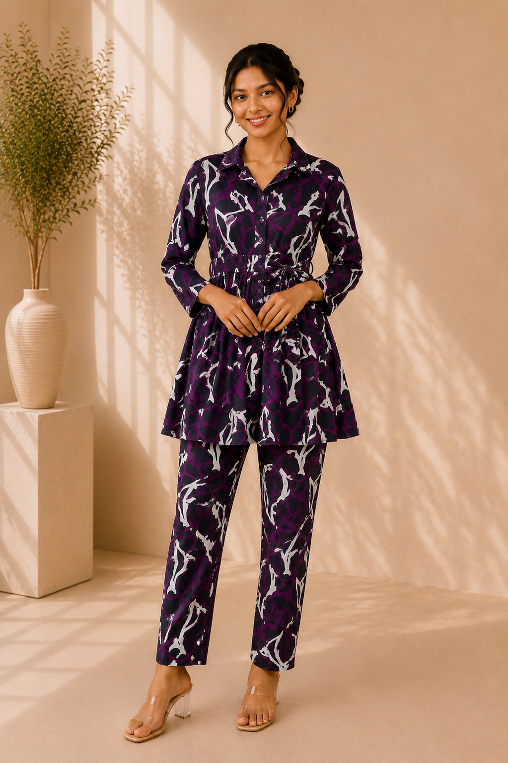 Tie-Waist Cotton Co-Ord Set – Midnight Amethyst