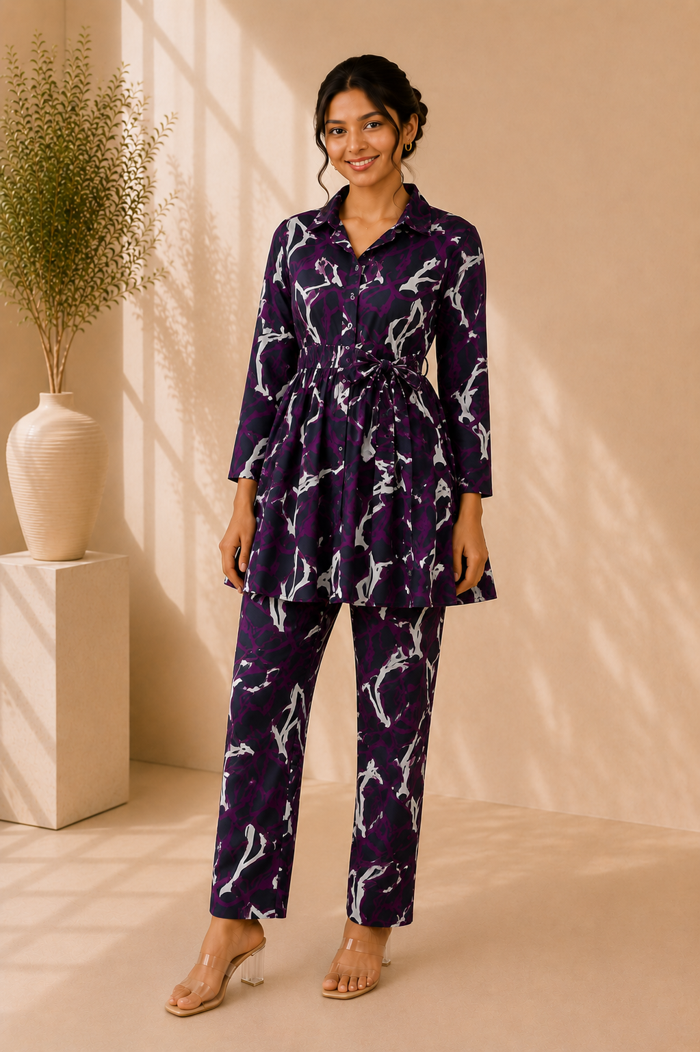 Tie-Waist Cotton Co-Ord Set – Midnight Amethyst