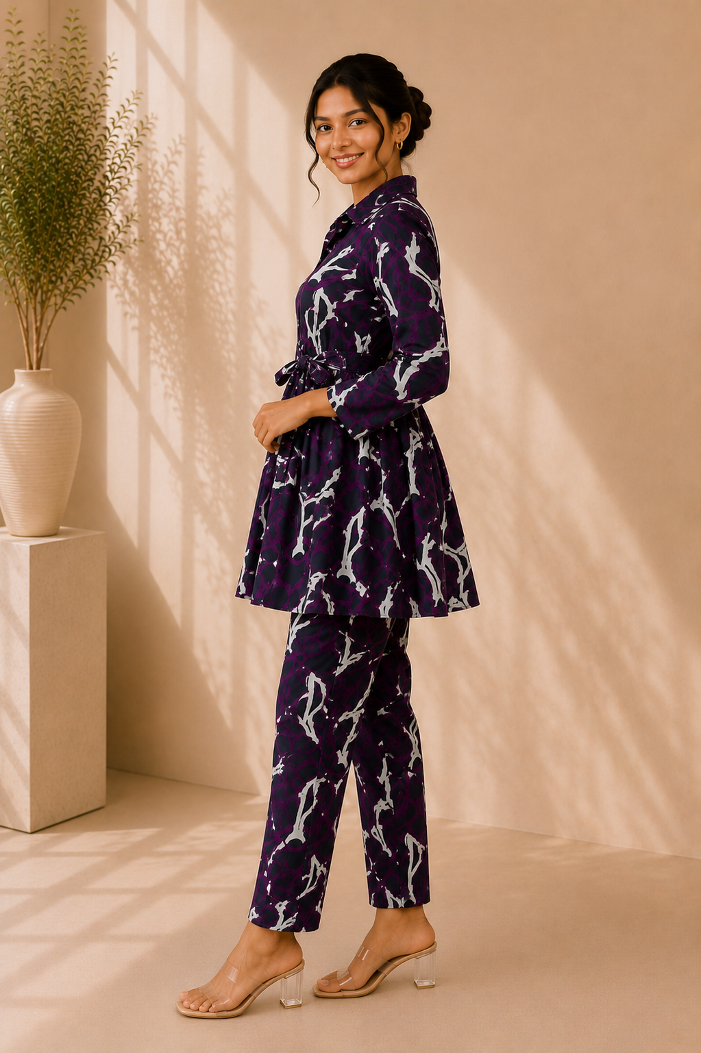 Tie-Waist Cotton Co-Ord Set – Midnight Amethyst