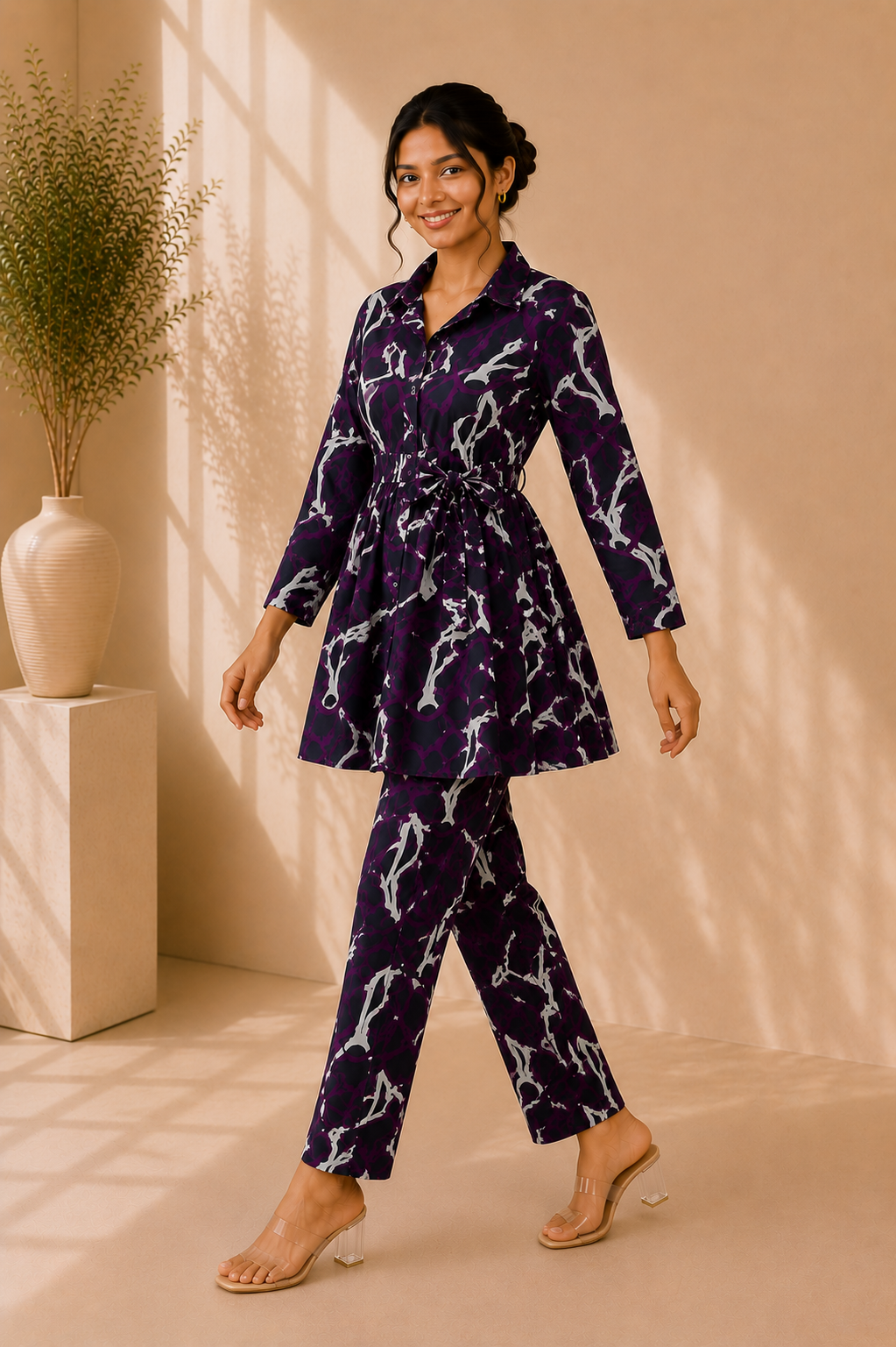 Tie-Waist Cotton Co-Ord Set – Midnight Amethyst