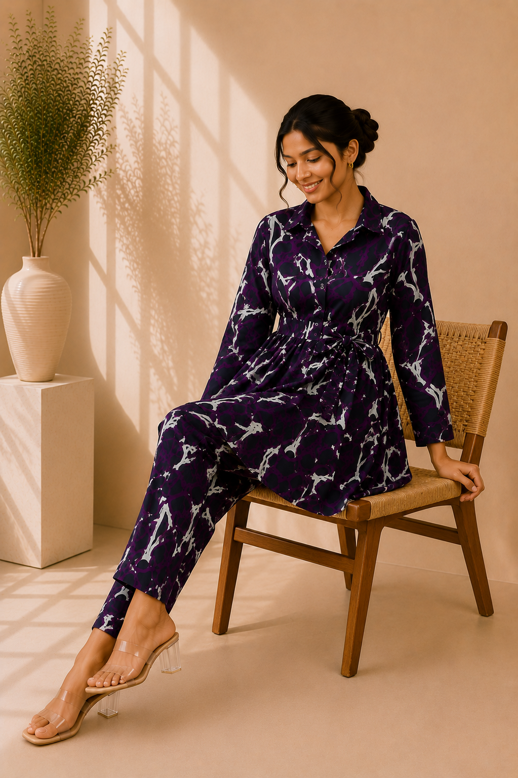 Tie-Waist Cotton Co-Ord Set – Midnight Amethyst