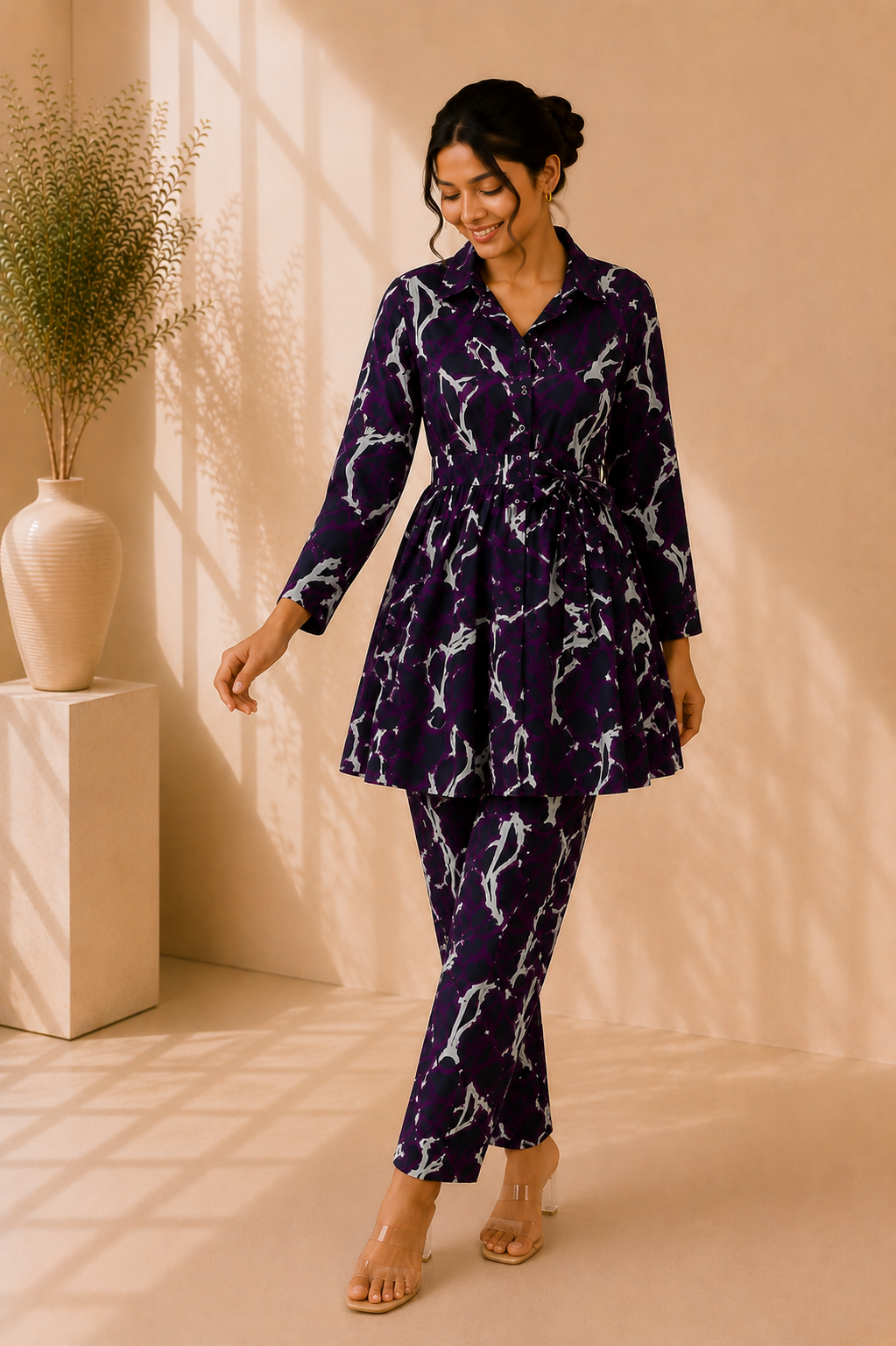Tie-Waist Cotton Co-Ord Set – Midnight Amethyst