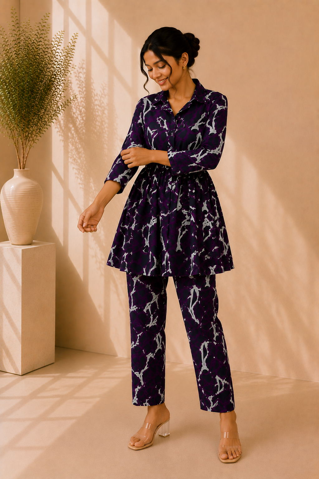 Tie-Waist Cotton Co-Ord Set – Midnight Amethyst
