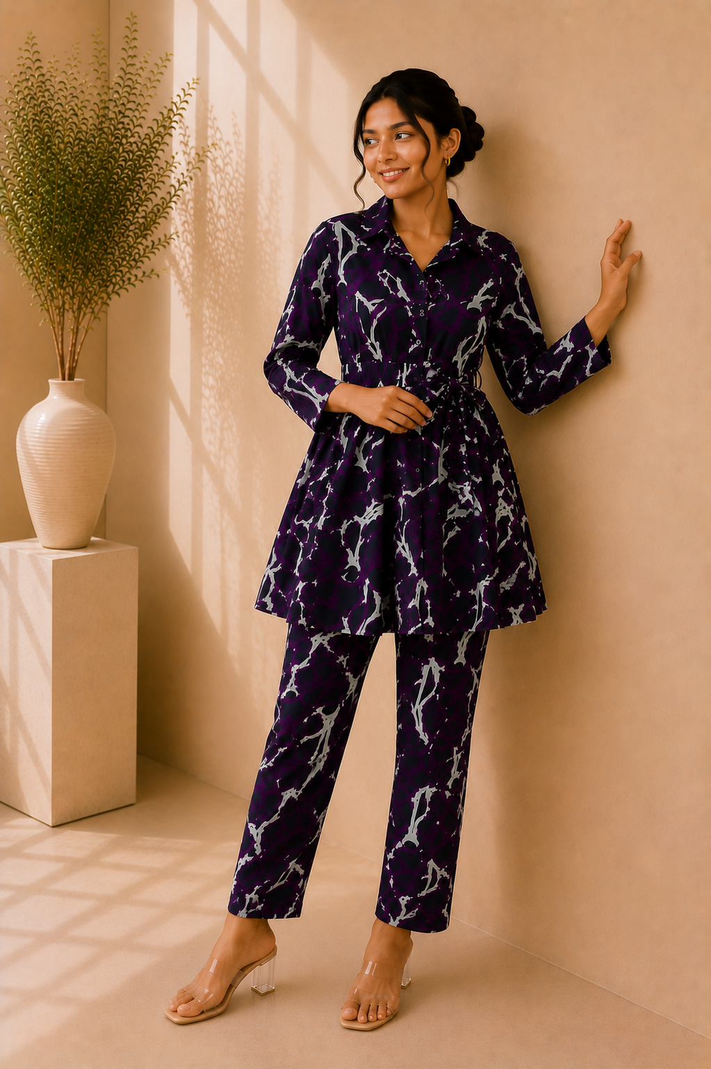 Tie-Waist Cotton Co-Ord Set – Midnight Amethyst