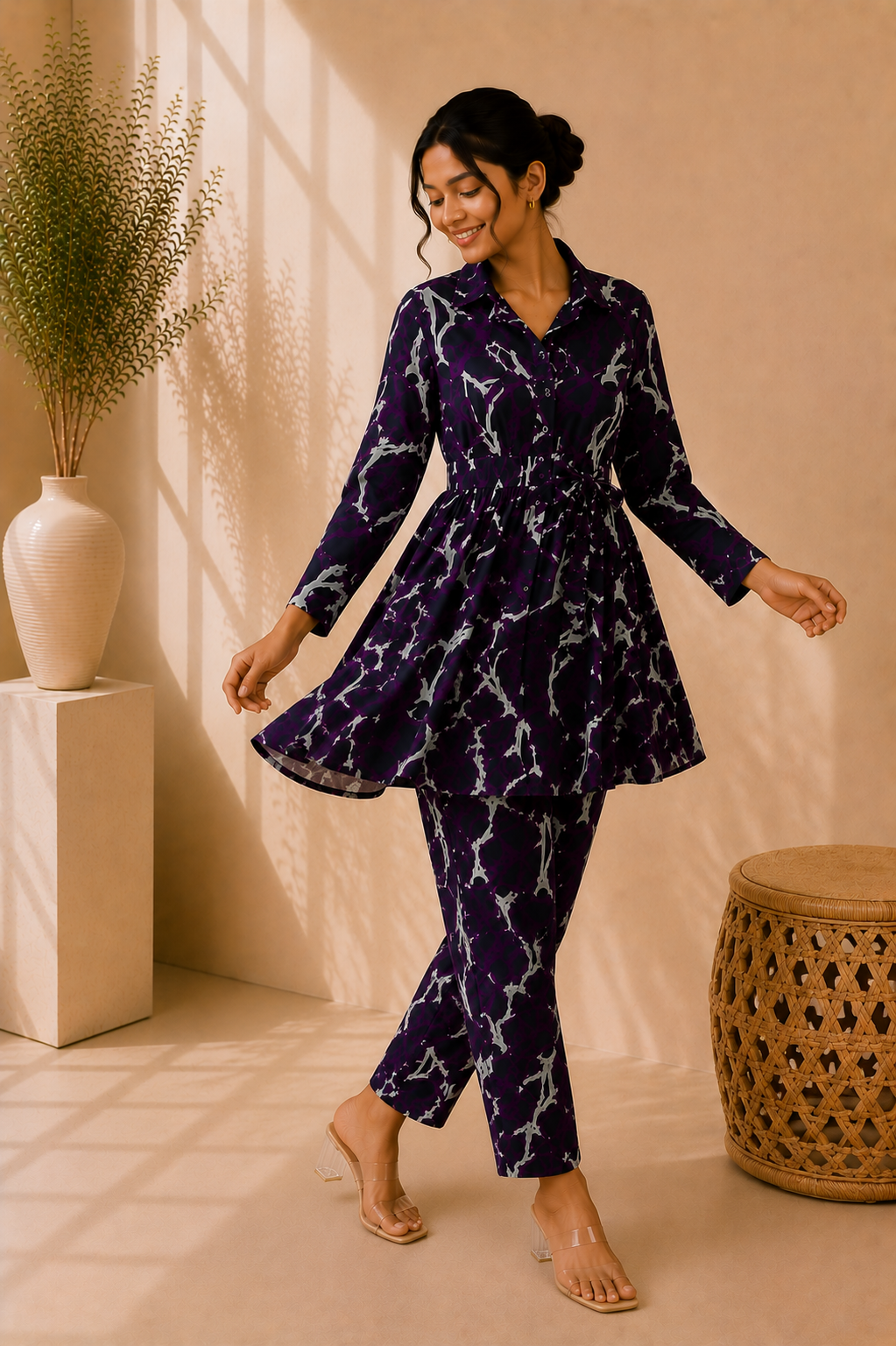 Tie-Waist Cotton Co-Ord Set – Midnight Amethyst