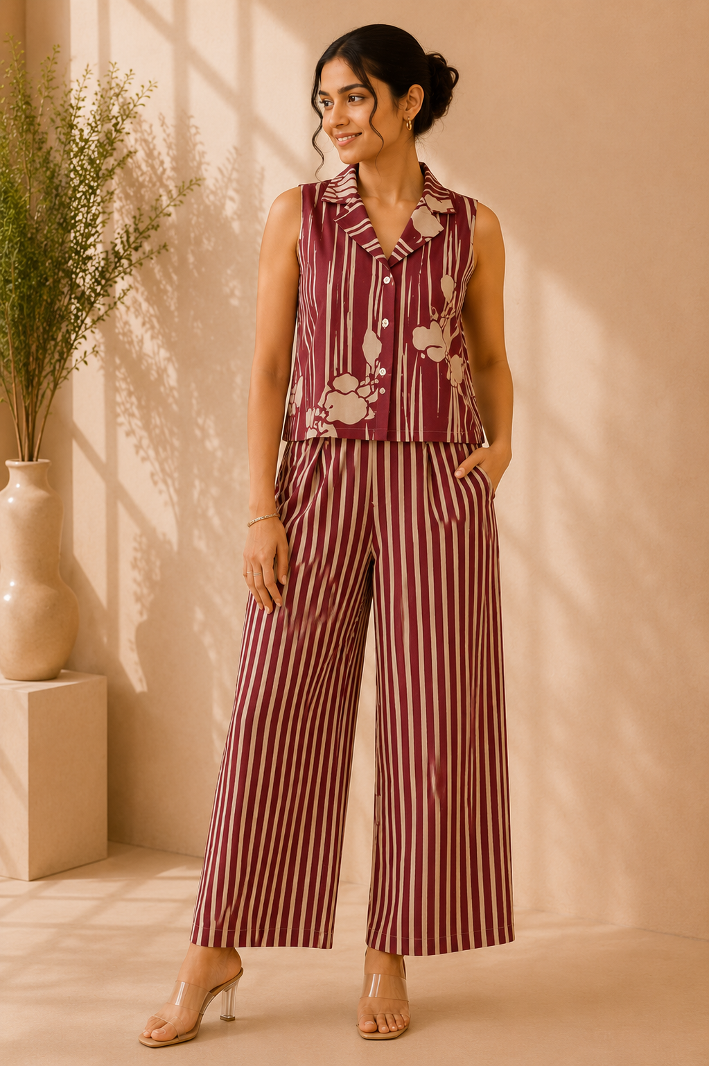 Sleeveless Co-Ord Set – Burgundy Stripe