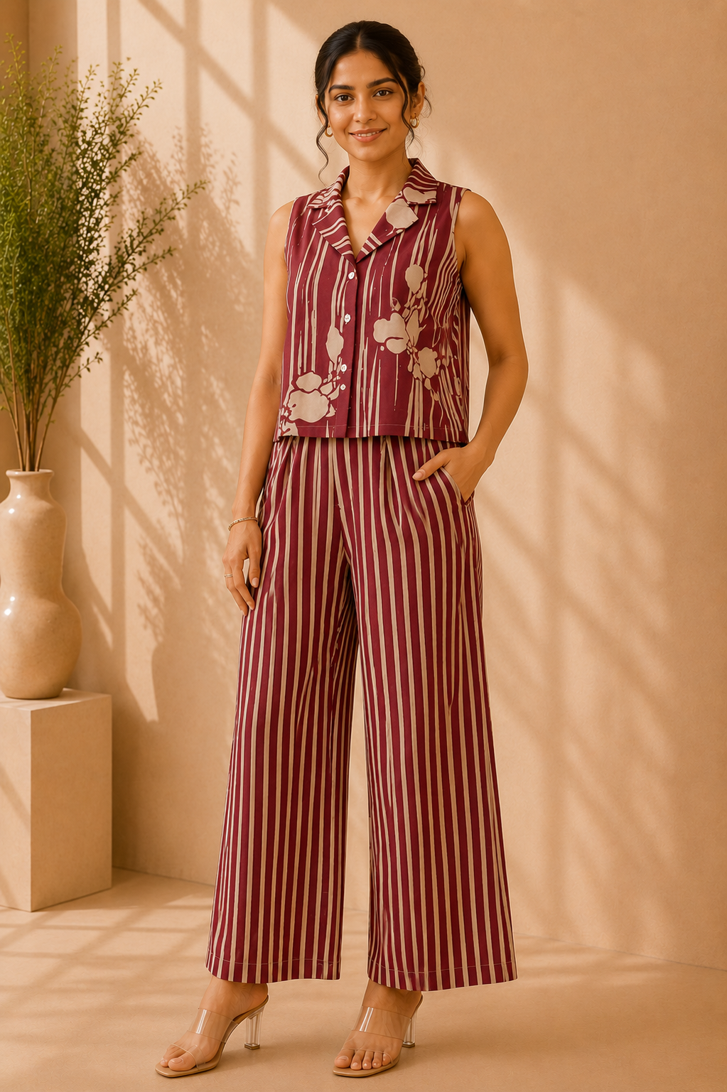 Sleeveless Co-Ord Set – Burgundy Stripe