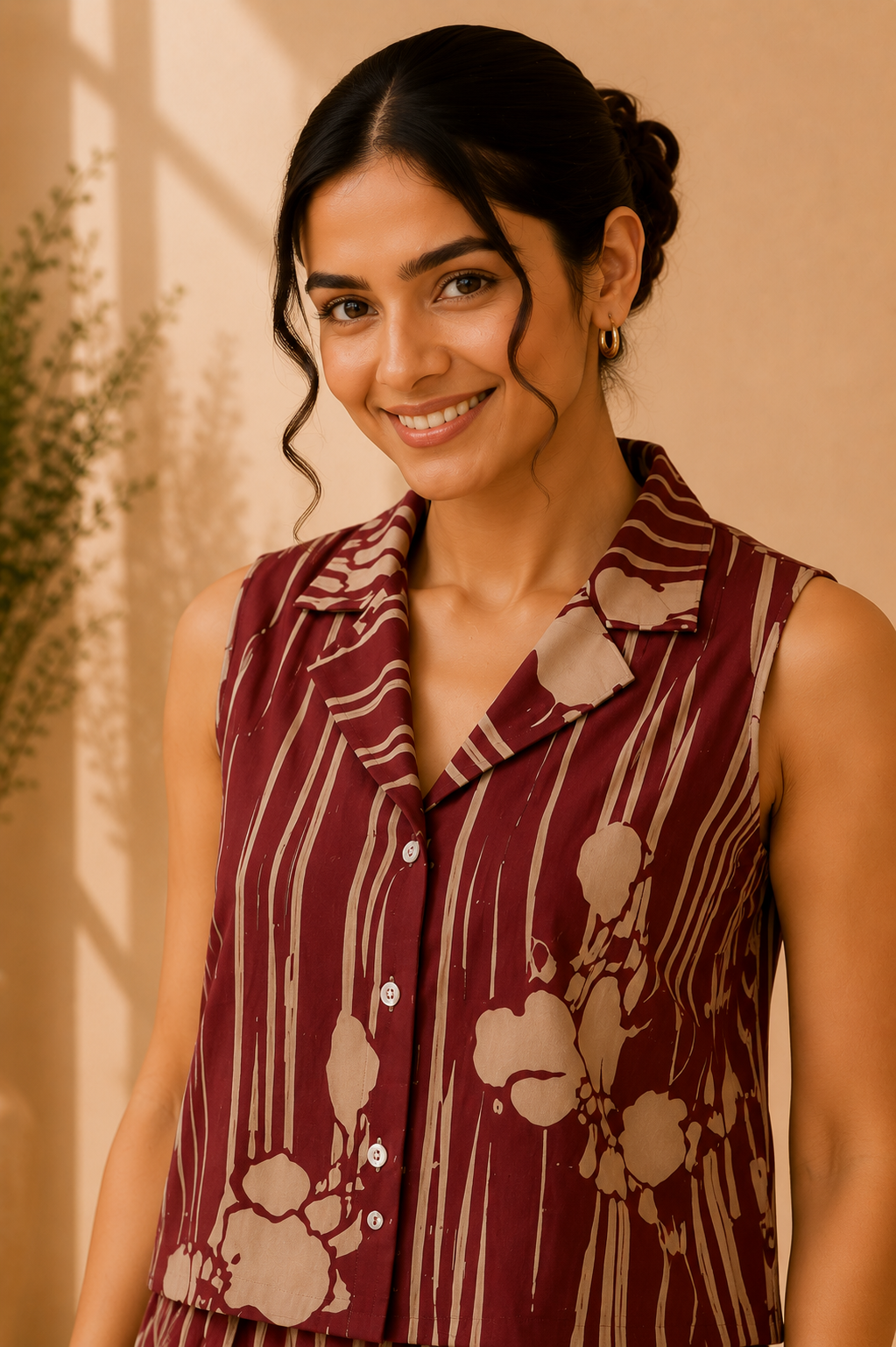 Sleeveless Co-Ord Set – Burgundy Stripe