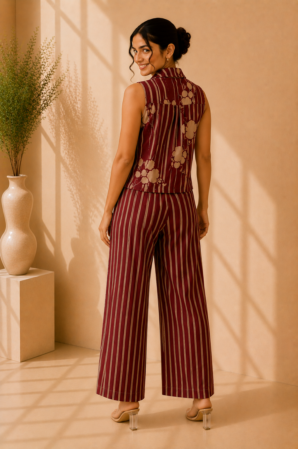 Sleeveless Co-Ord Set – Burgundy Stripe