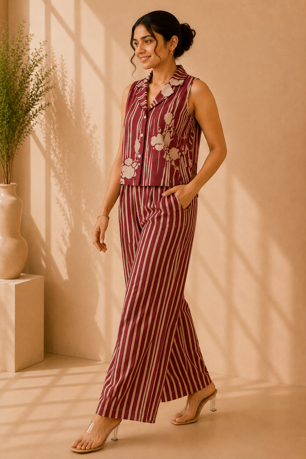 Sleeveless Co-Ord Set – Burgundy Stripe