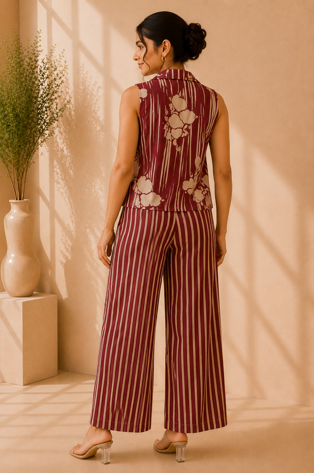 Sleeveless Co-Ord Set – Burgundy Stripe