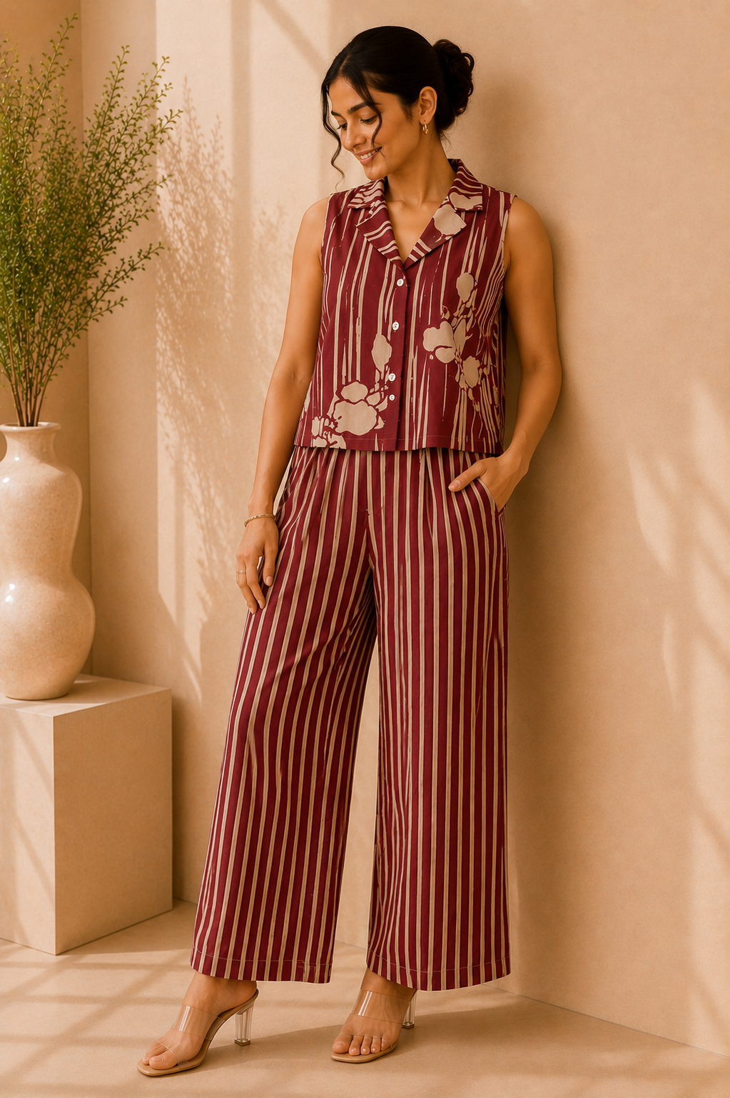 Sleeveless Co-Ord Set – Burgundy Stripe