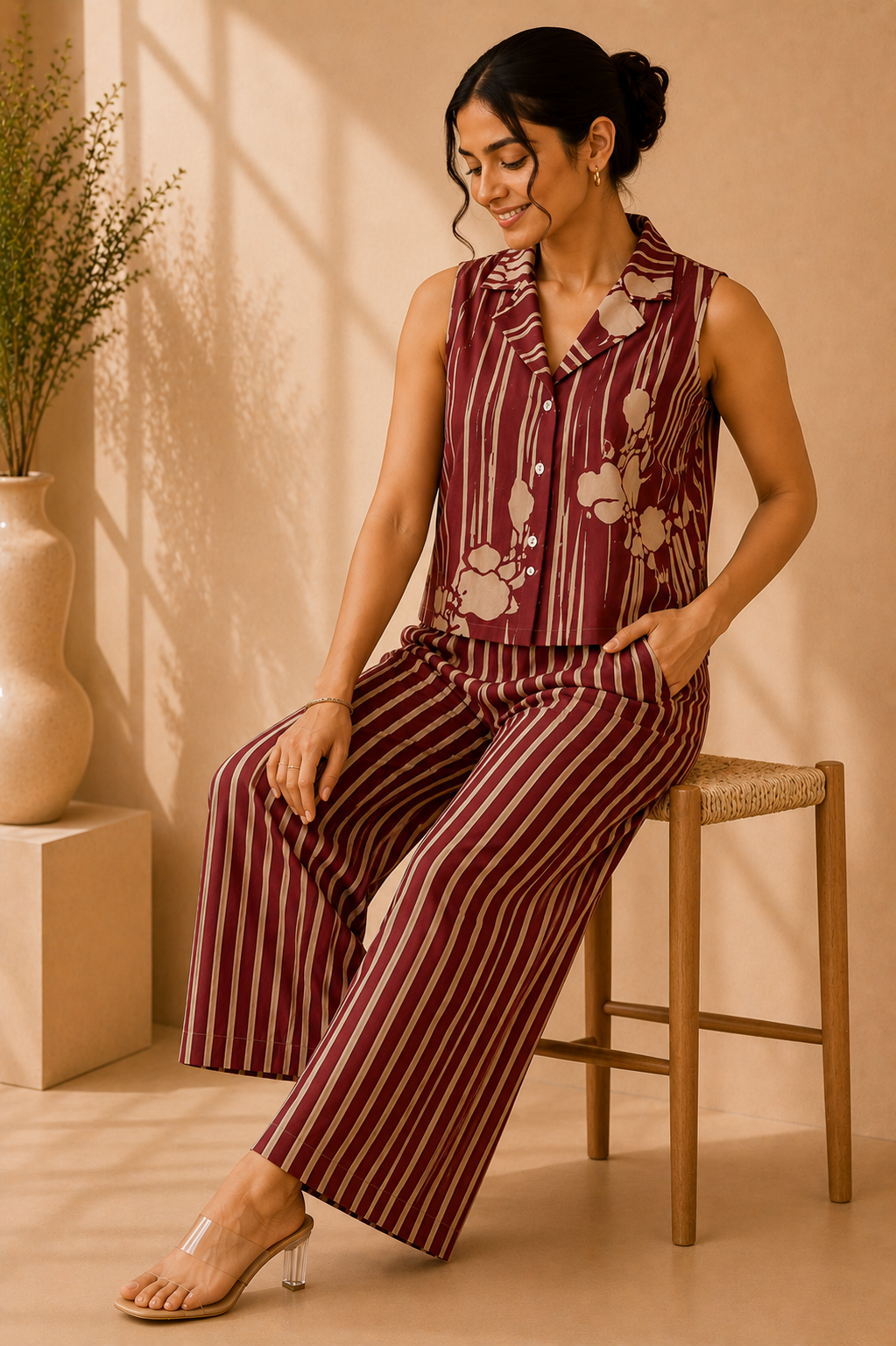 Sleeveless Co-Ord Set – Burgundy Stripe