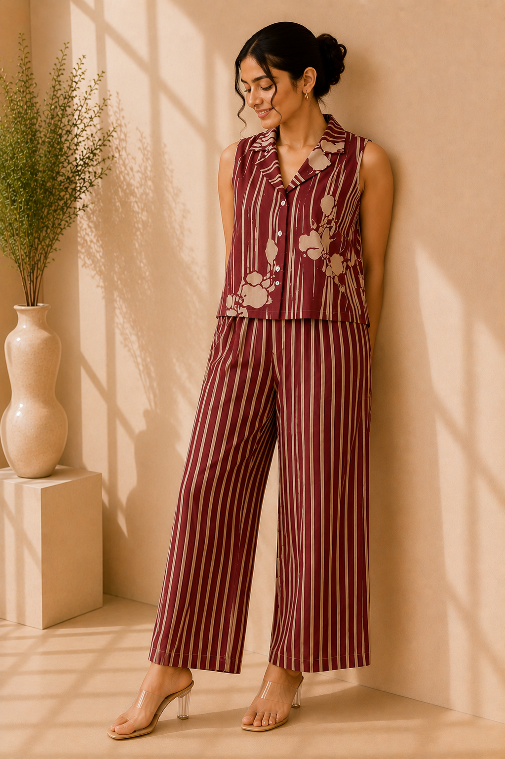 Sleeveless Co-Ord Set – Burgundy Stripe