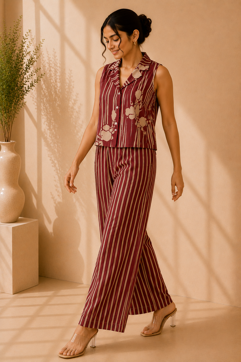Sleeveless Co-Ord Set – Burgundy Stripe