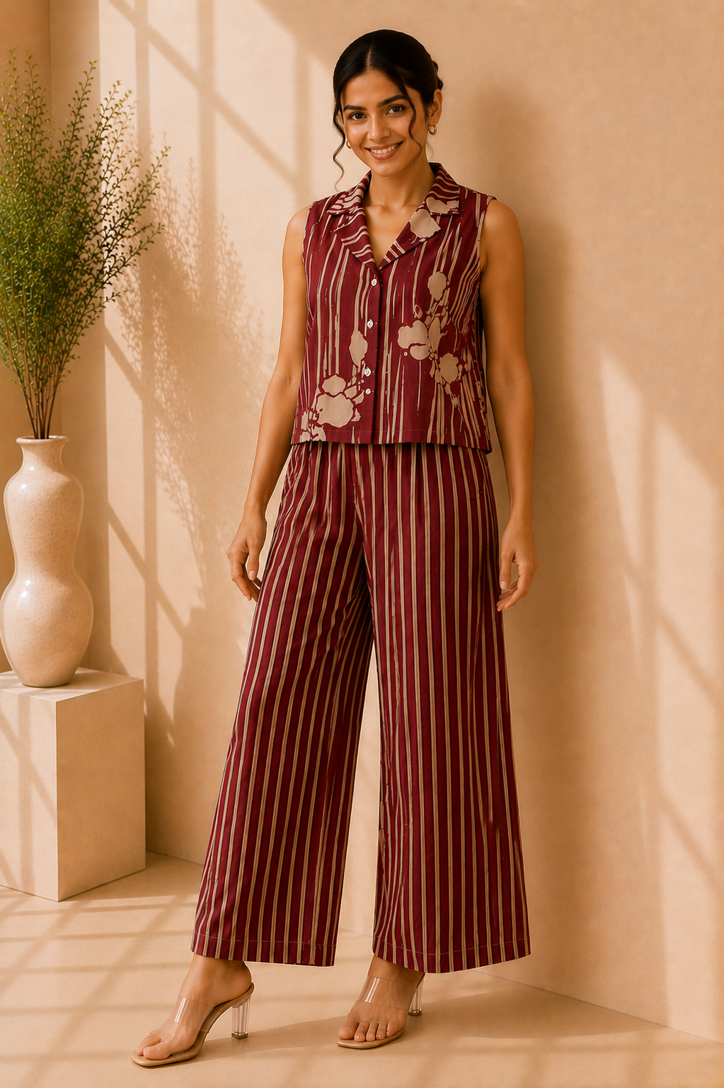 Sleeveless Co-Ord Set – Burgundy Stripe