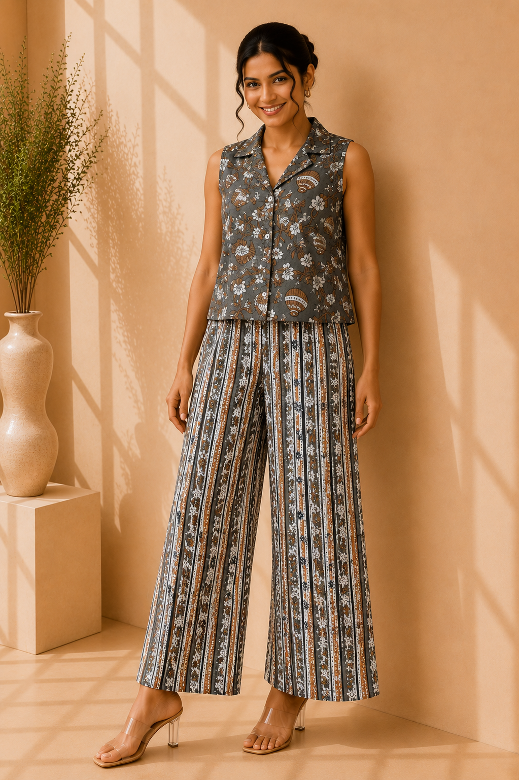 Women's Cotton Printed Sleeveless Shirt Top & Wide Leg Palazzo Co-Ord Set – Vintage Slate Floral